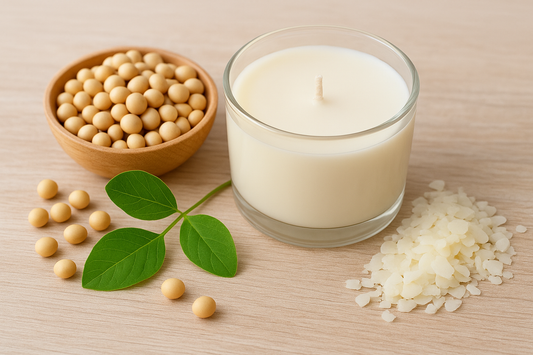 Soy wax candle with soy beans and soy plant leaves on neutral wooden surface