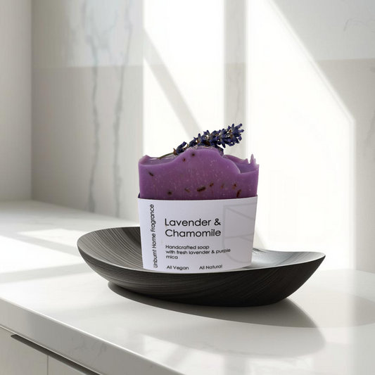 Unburnt Home Fragrance Lavender & Chamomile Soap on a soap dish on a granite bathroom counter top