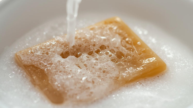 A bar of soap under running water with lather
