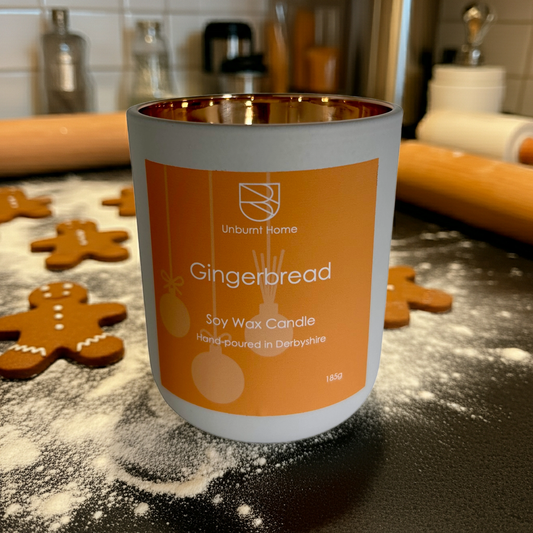 Gingerbread Christmas candle on a kitchen worktop while gingerbread men are being made