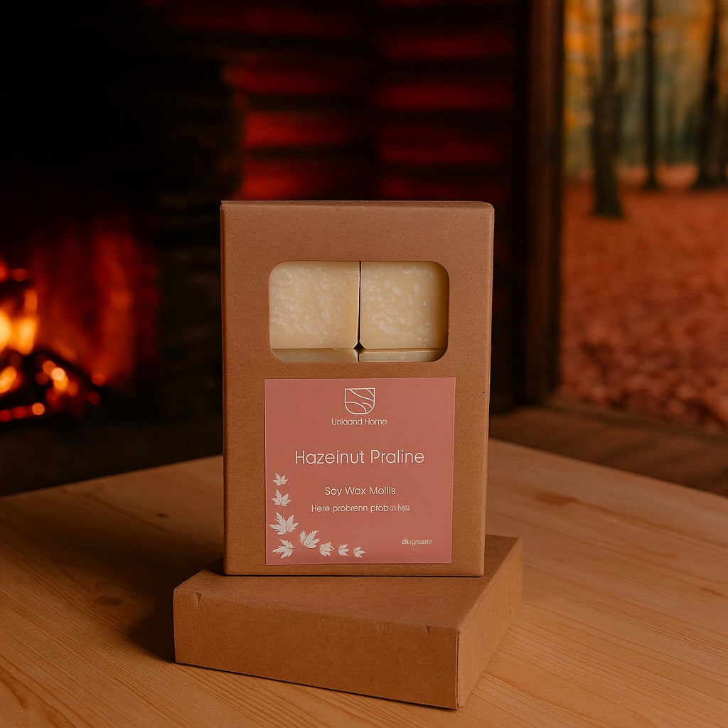 Two hazelnut praline soy wax melts in a cardboard packaging box on a wooden surface with a fireplace in the background.