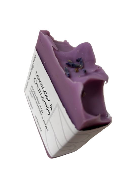 Unburnt Home Lavender and Chamomile Soap bar on white background.