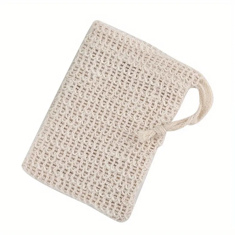 linen soap bag in beige woven linen thread with a draw string handle on a white background