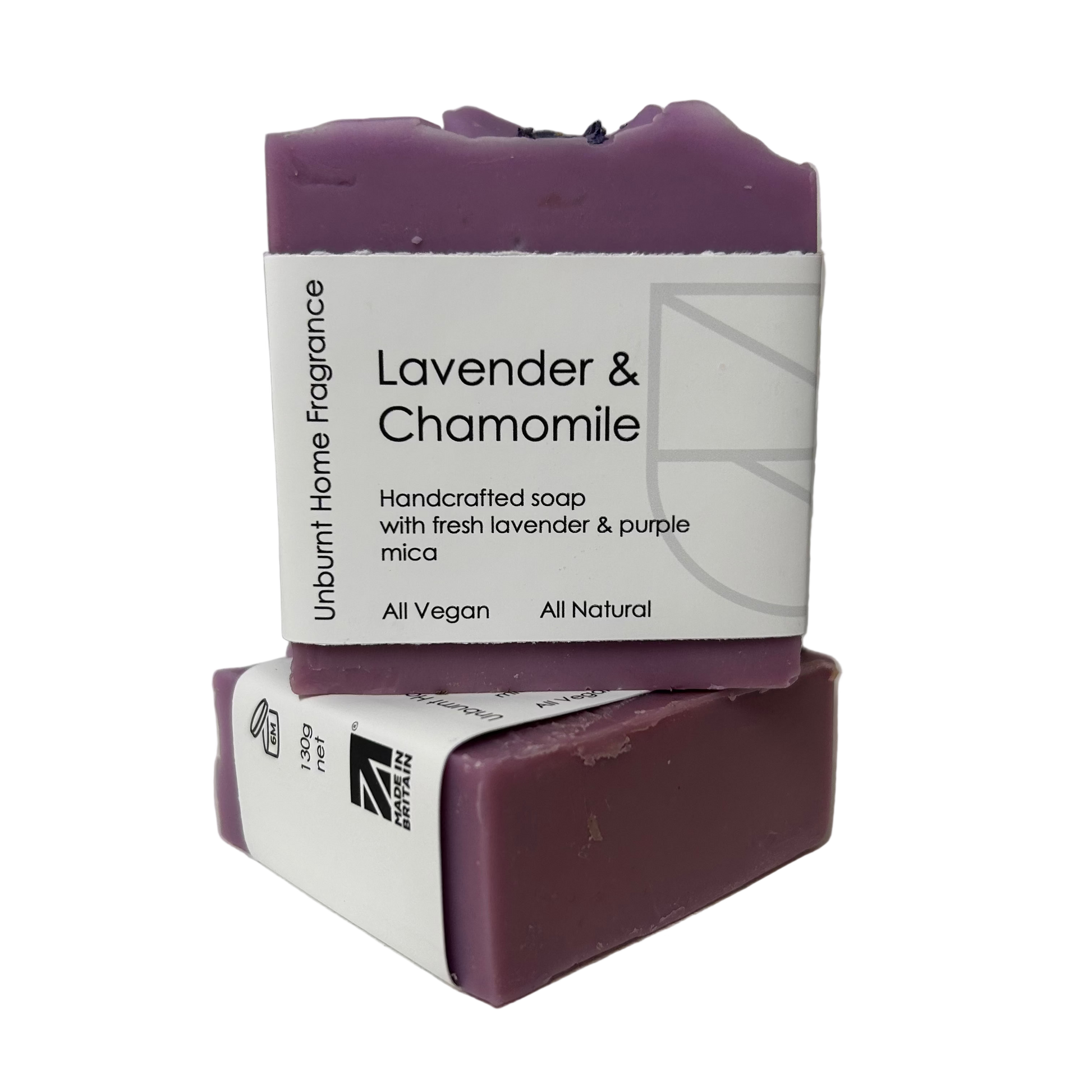 Unburnt Home Lavender and Chamomile Soap Bars stacked on a white background
