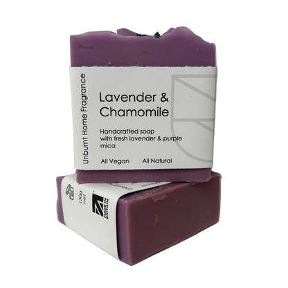 Unburnt Home Lavender and Chamomile Soap Bars stacked on a white background