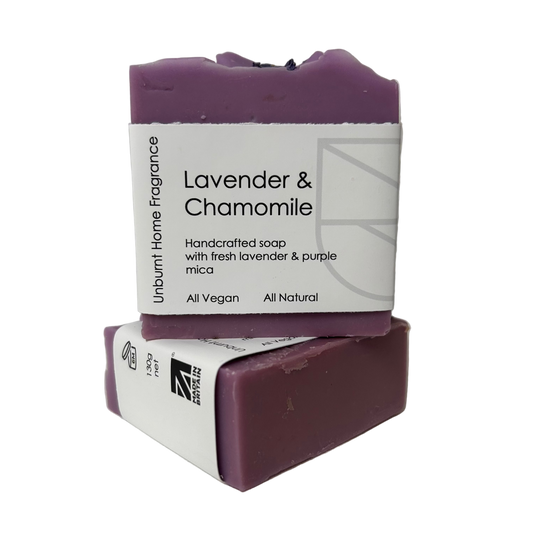 Unburnt Home Lavender and Chamomile Soap Bars stacked on a white background