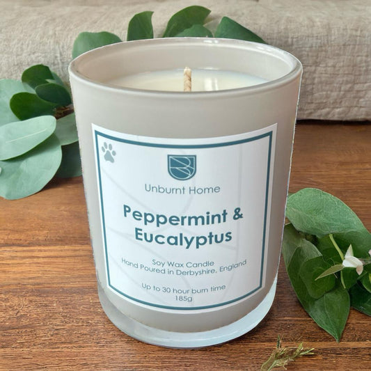 Pet Odour Candle on wood surface with leaves in the background