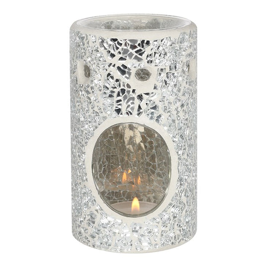 Silver Crackle Glass Pillar Oil or Wax Melt Burner