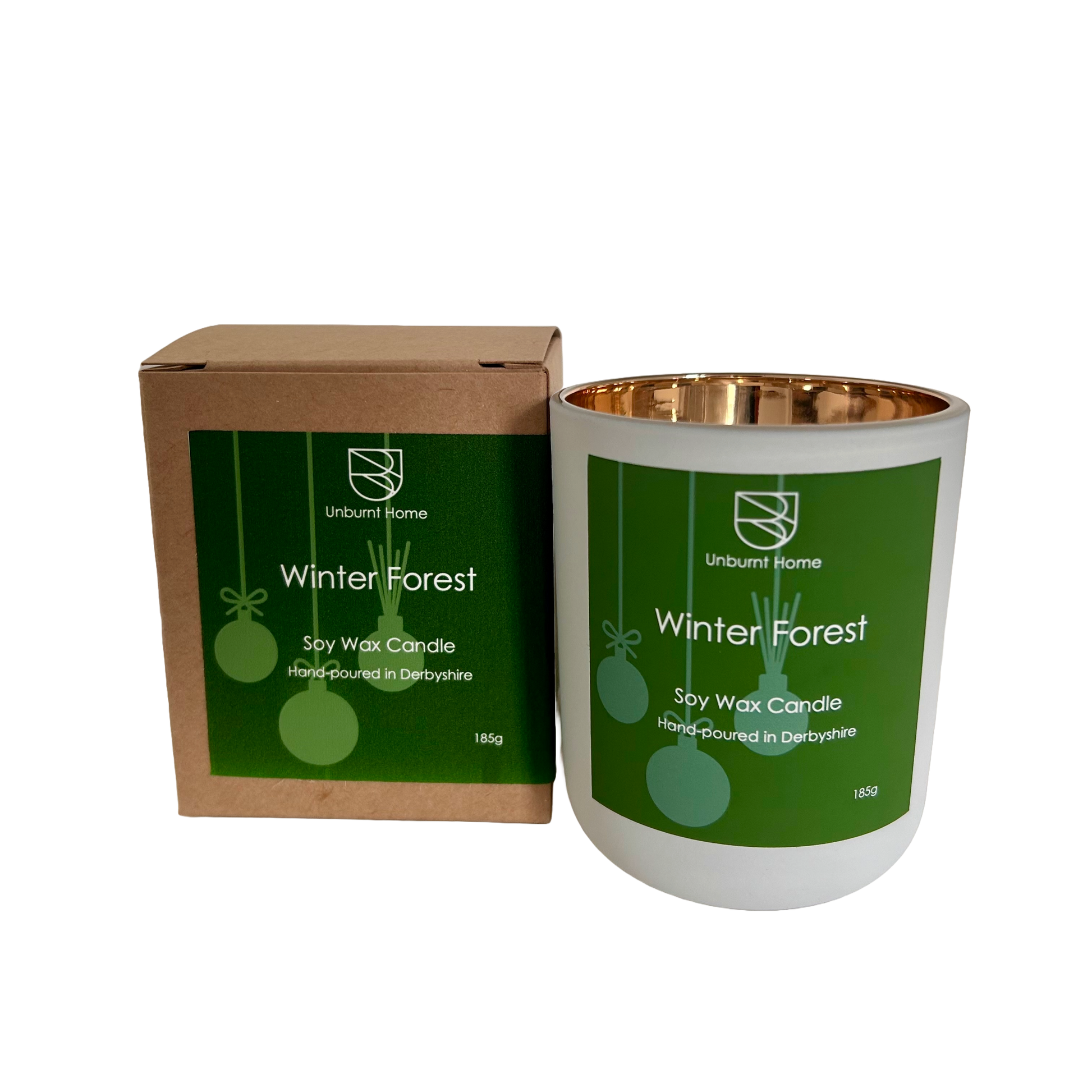 Winter forest Christmas candle with packaging on white background