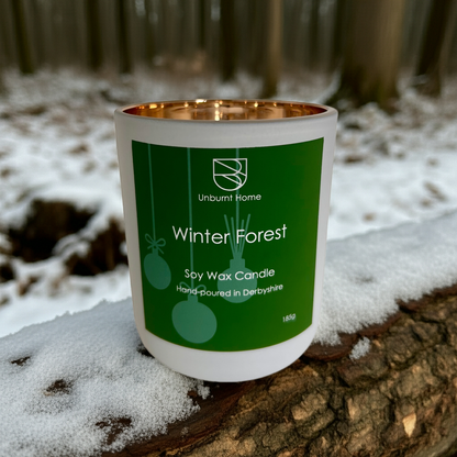 Winter forest christmas candle on a snow covered log in a forest with show on the ground